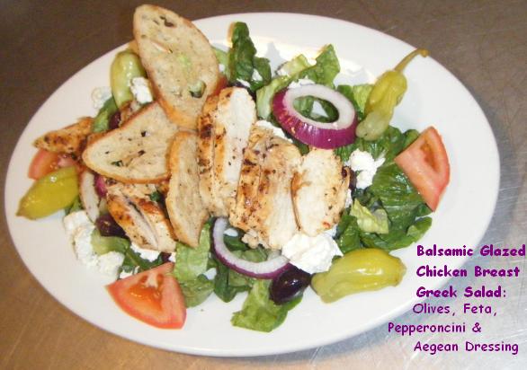 Balsamic Glazed Chicken Breast Greek Salad:  Olives, Feta, Pepperoncini & Aegean Dressing